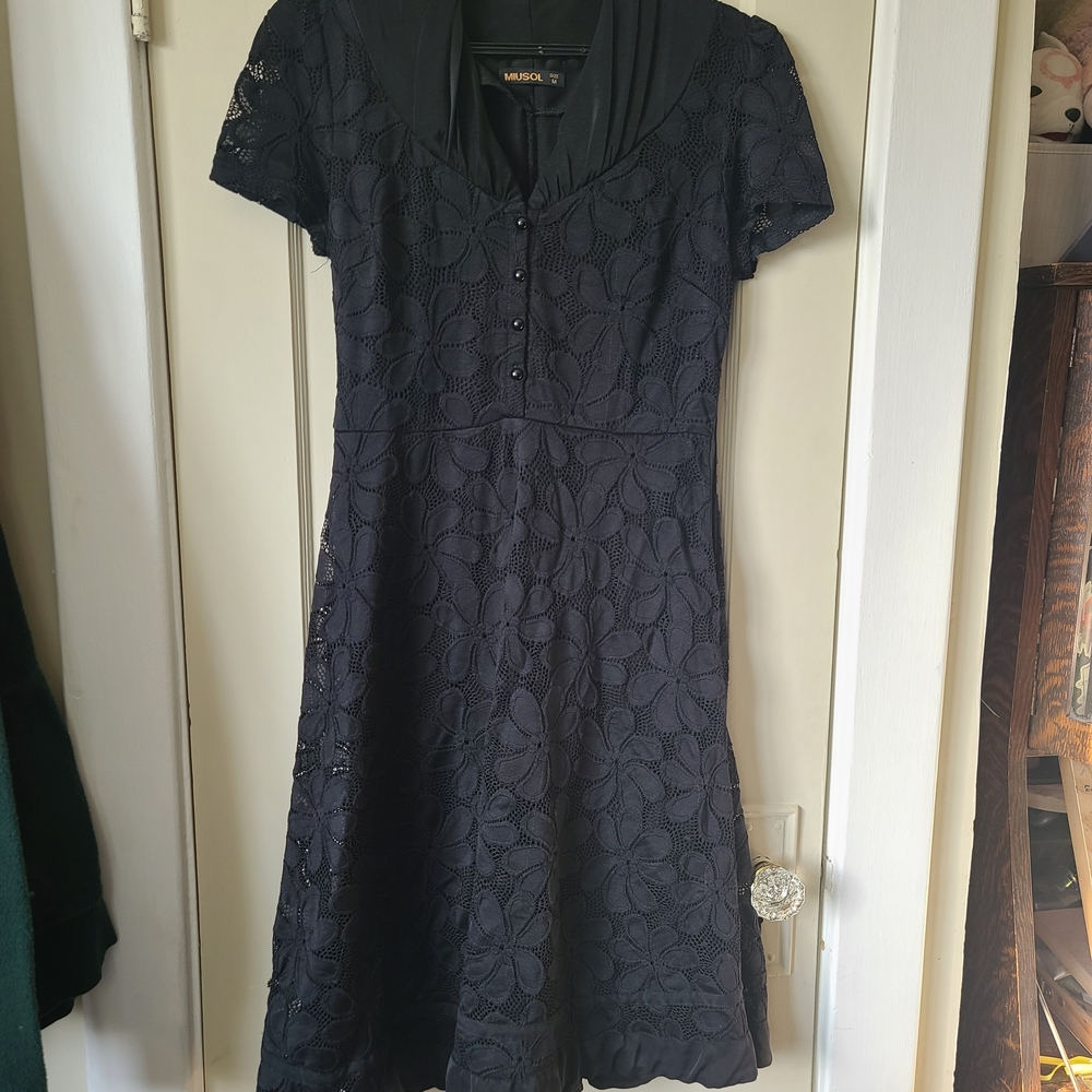 Miusol Black Lace Midi Dress with Button Detail